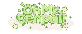 Green text 'Oh My Senpai!' with decorative elements on a white background